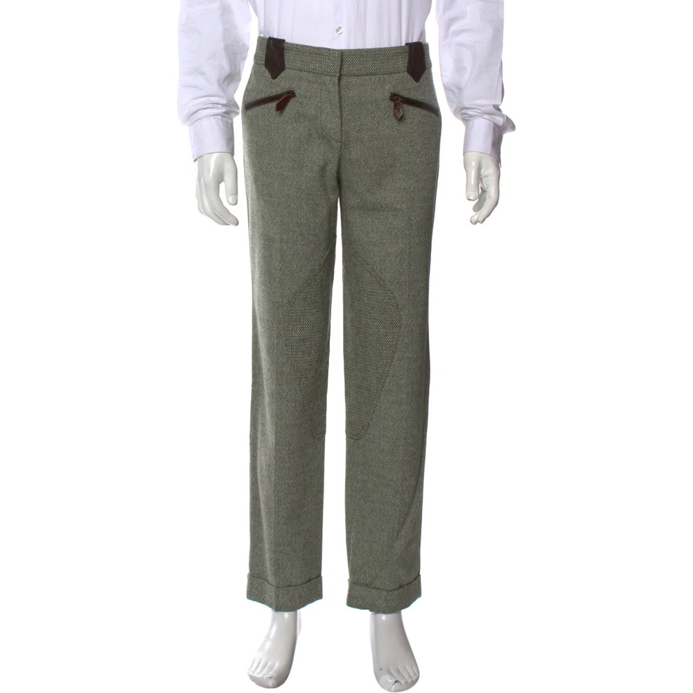 Etro Wool Trousers Women 44 Green Leather Trim Equestrian Diamond Weave Pants